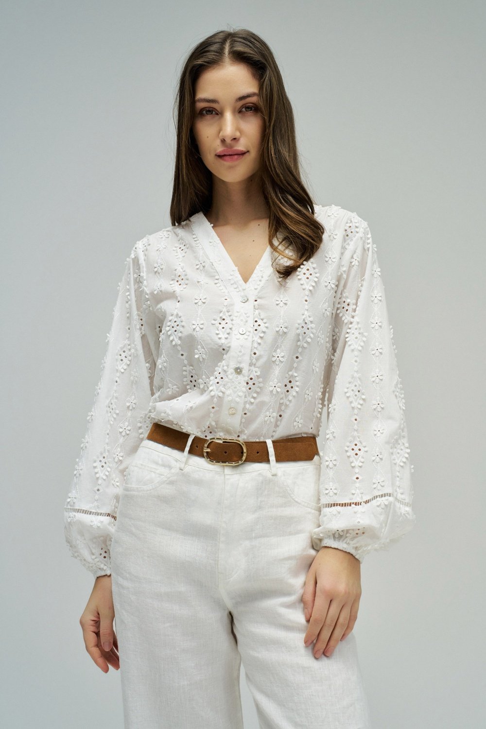 White Cutwork Embroidered V-Neck Blouse with Puff Sleeves