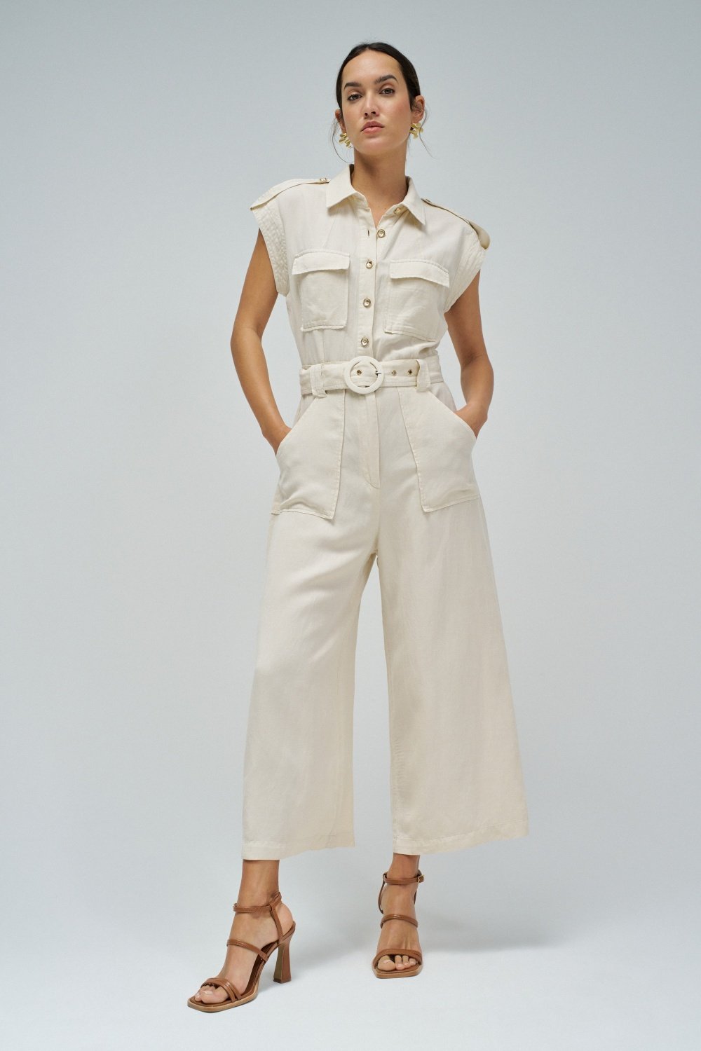 Beige Lightdenim Belted Utility Jumpsuit