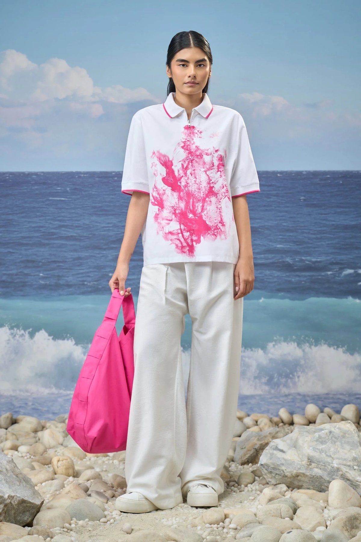 Relaxed Polo Top Cotton Poplin with Graphic Print