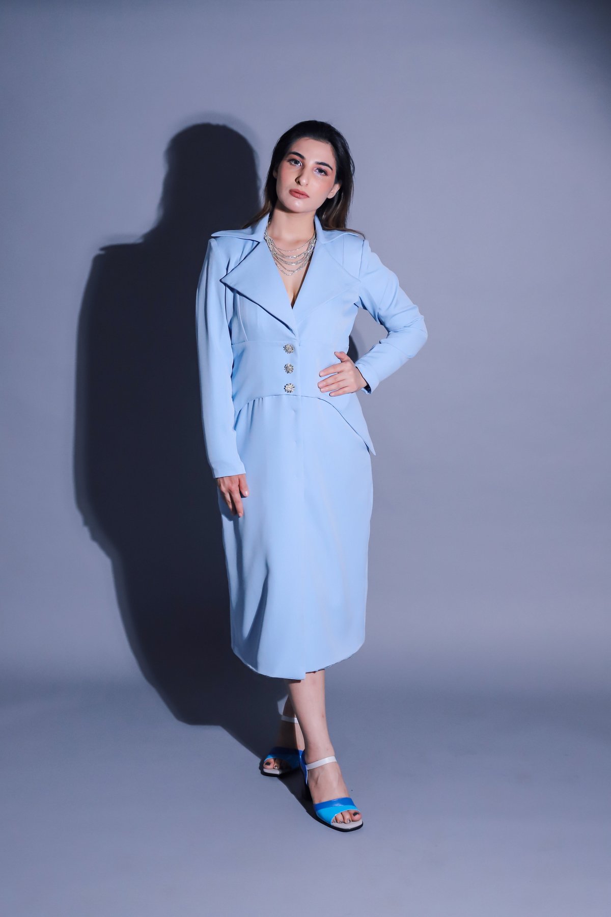 Blue Tailored Blazer Midi Dress with Crystal Buttons