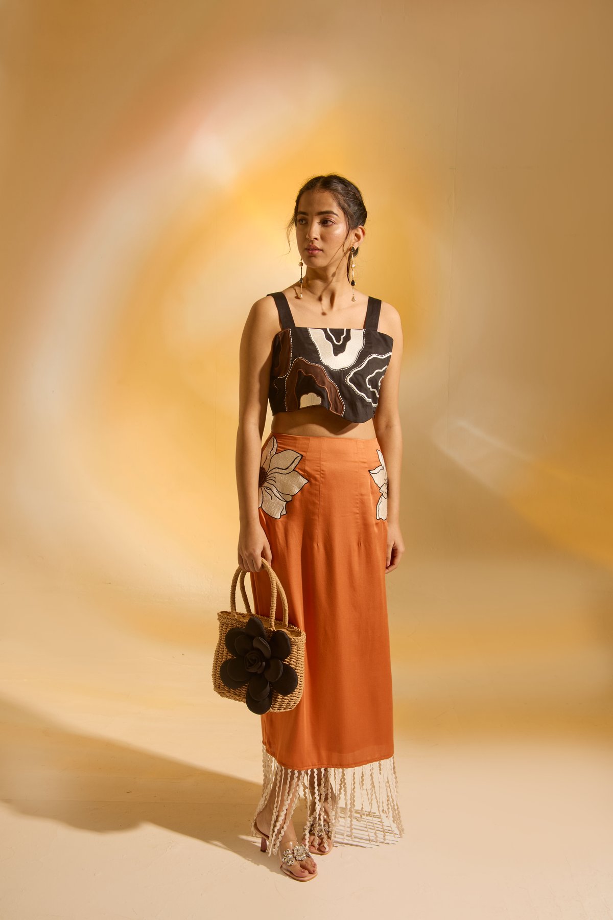 Burnt Orange Satin Maxi Skirt with Floral Applique and Fringe