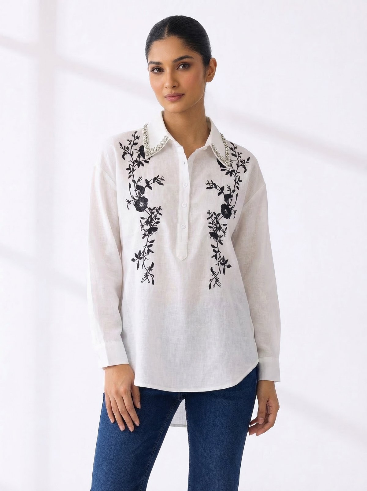 White Embroidered Collared Cotton Shirt