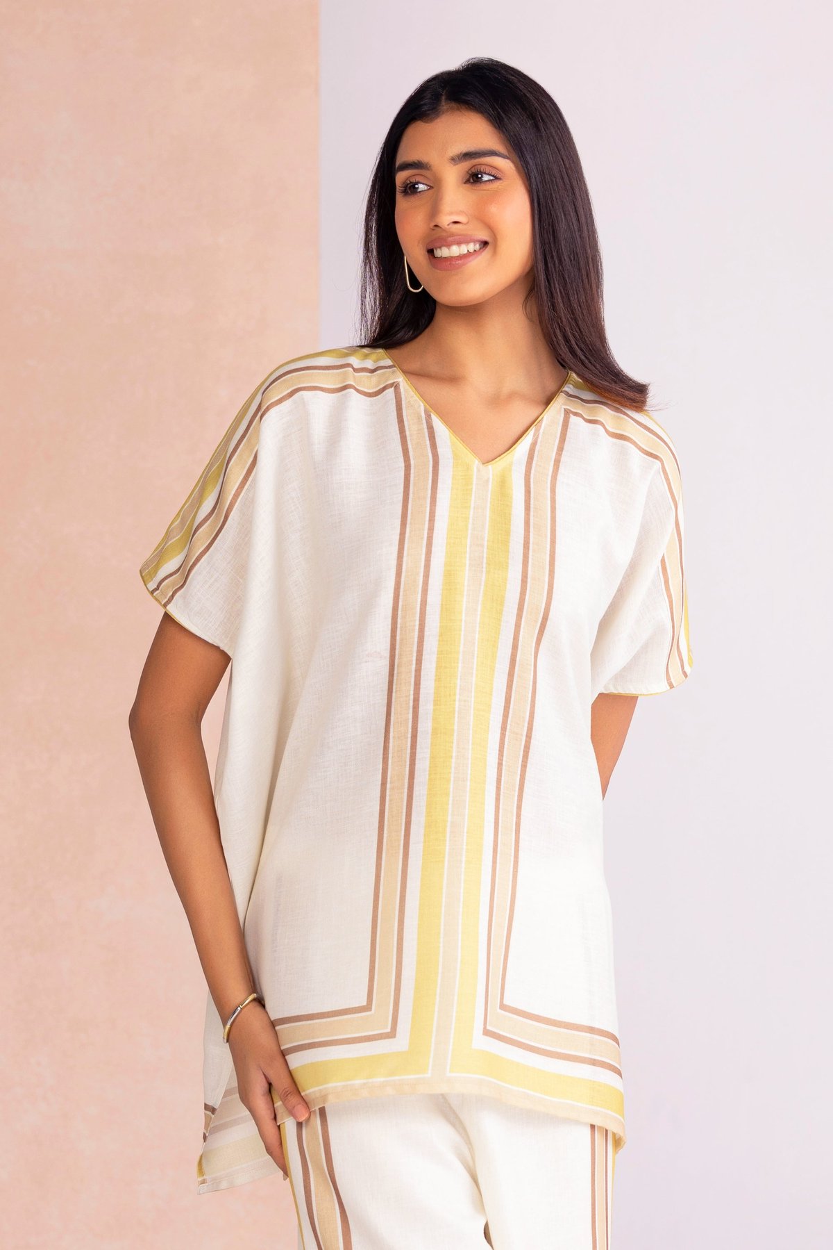Earth Linen-Blend Boxy Striped V-Neck Top