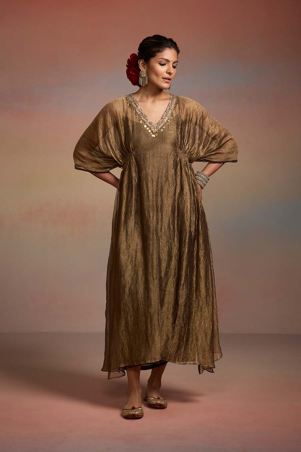 Black and Gold Crinkle Tissue Kaftan with Slip