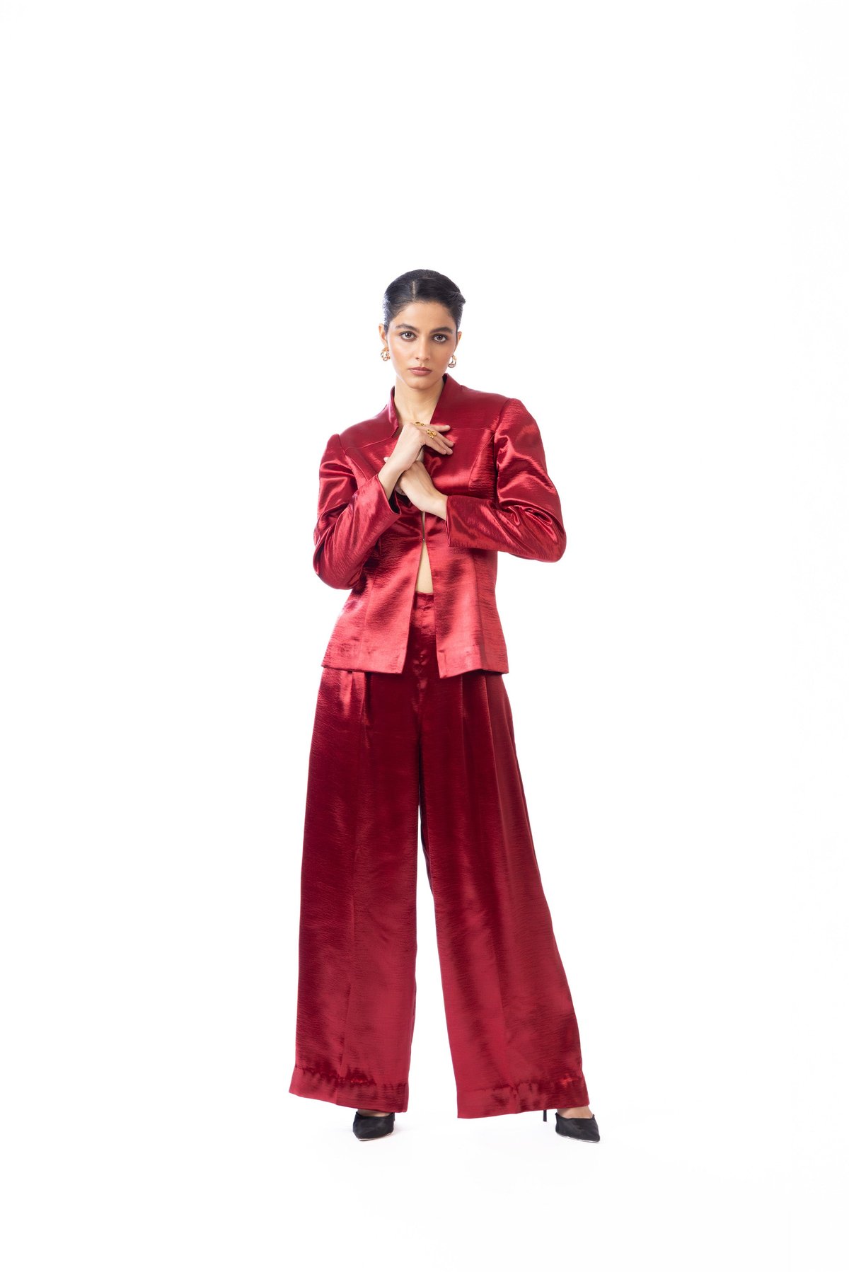 Maroon High-Rise Wide-Leg Satin Trousers with Pleats