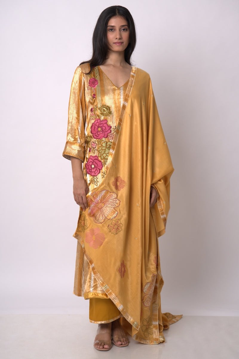 Mustard Gold Striped Velvet Kurta Set with Embroidery