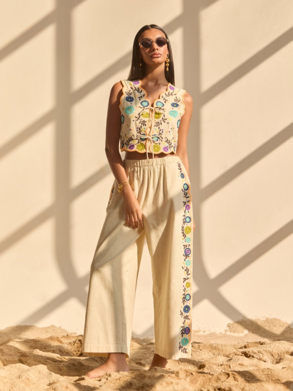 Orange Cotton Wide-Leg Pants with Embroidered Side Panels