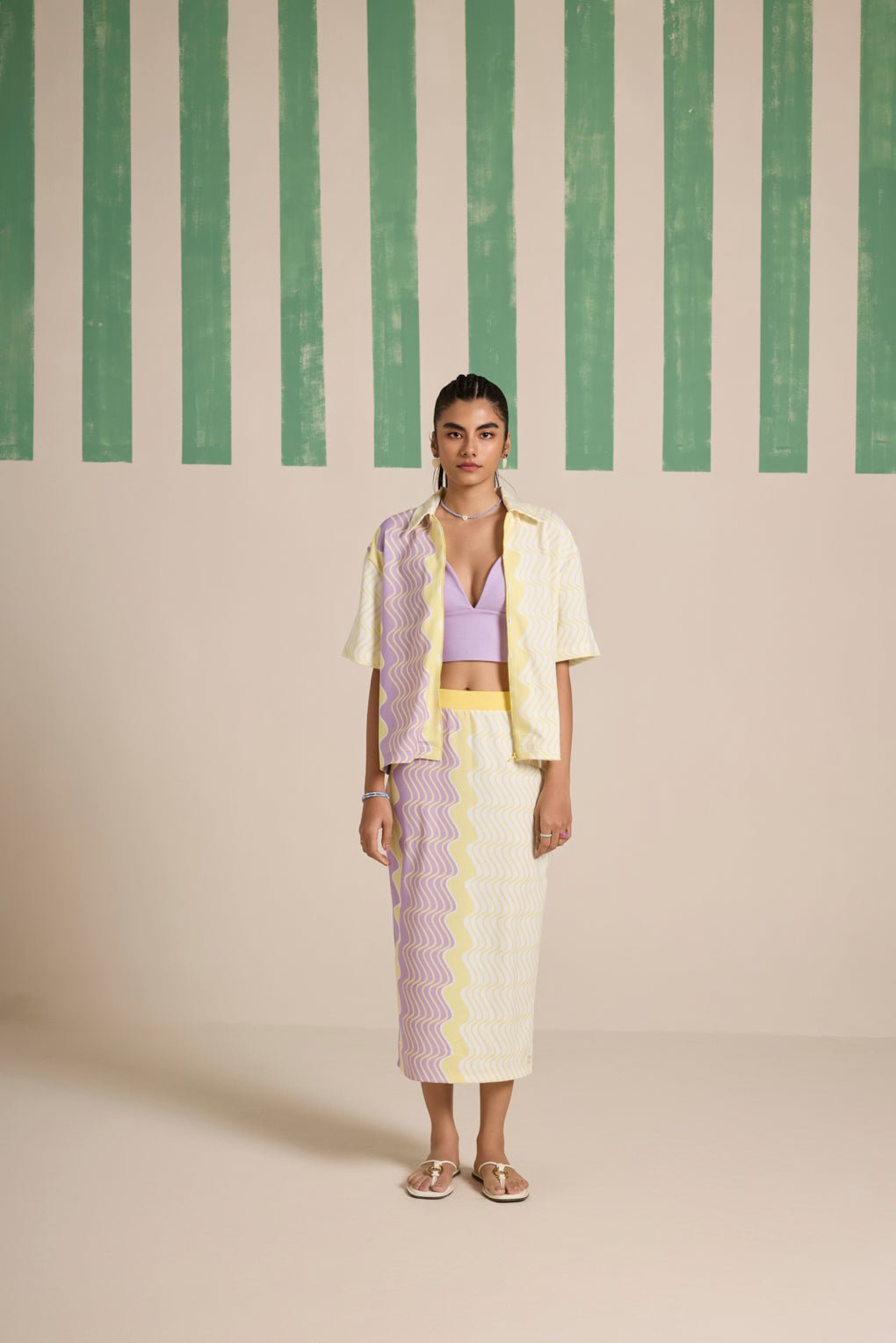 Yellow and Lavender Swirl Shirt and Midi Skirt Co-ord Set