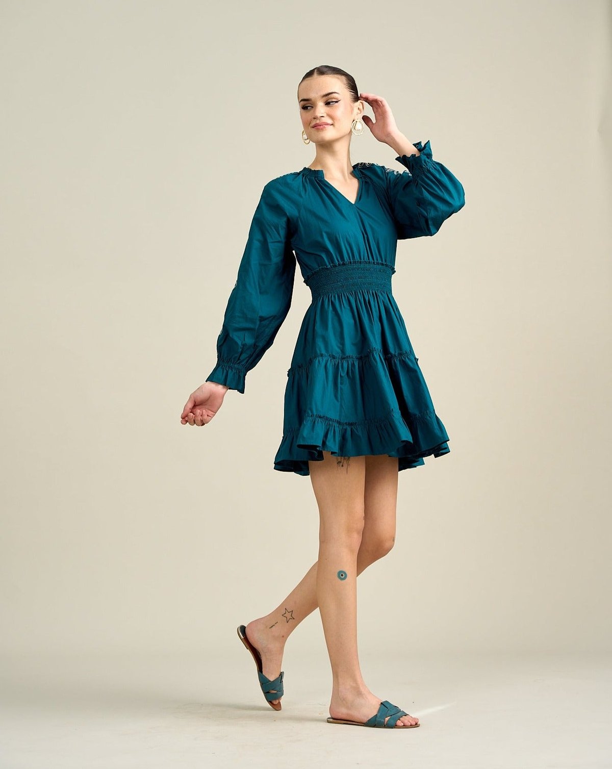 Turquoise Tiered Mini Dress with Smocked Waist and Embroidery