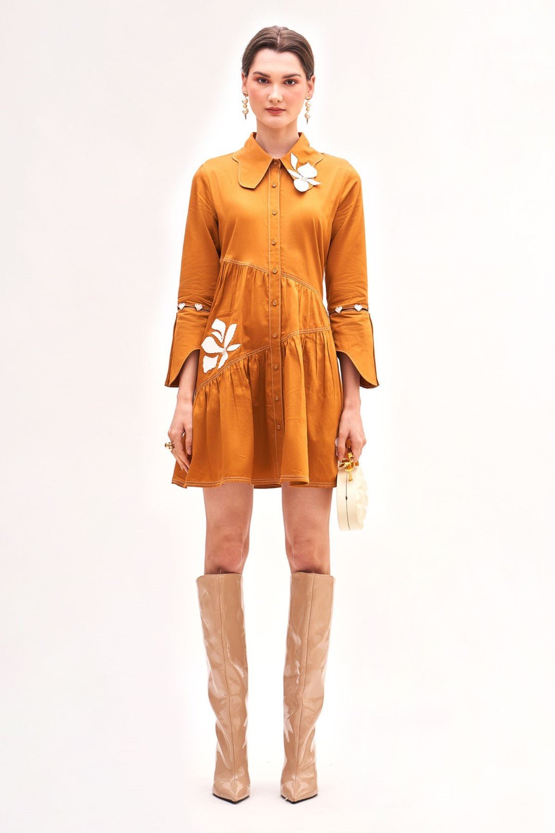 Copper Cotton Satin Mini Shirt Dress with Floral Applique