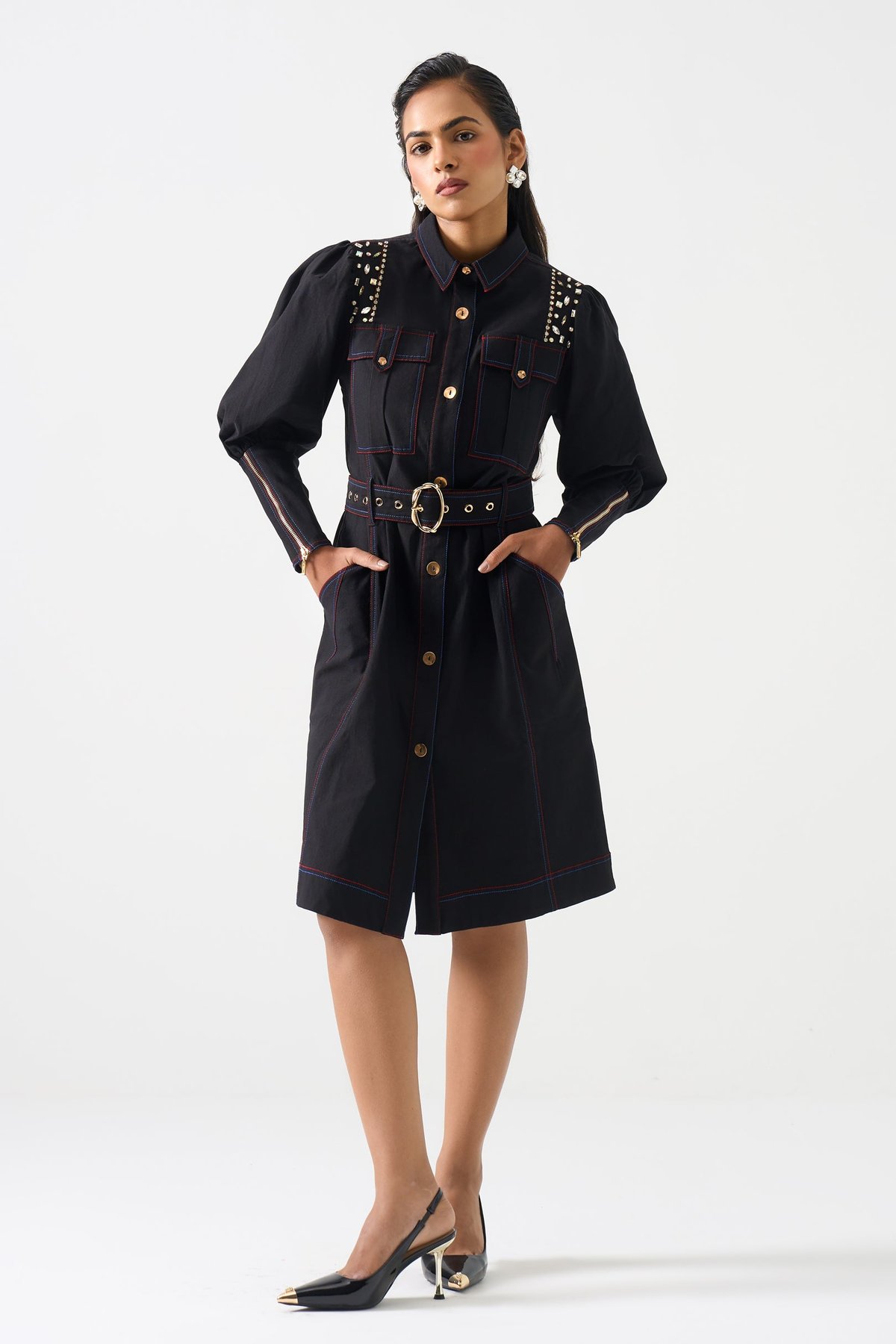 Black Embellished Shirt Dress with Belt