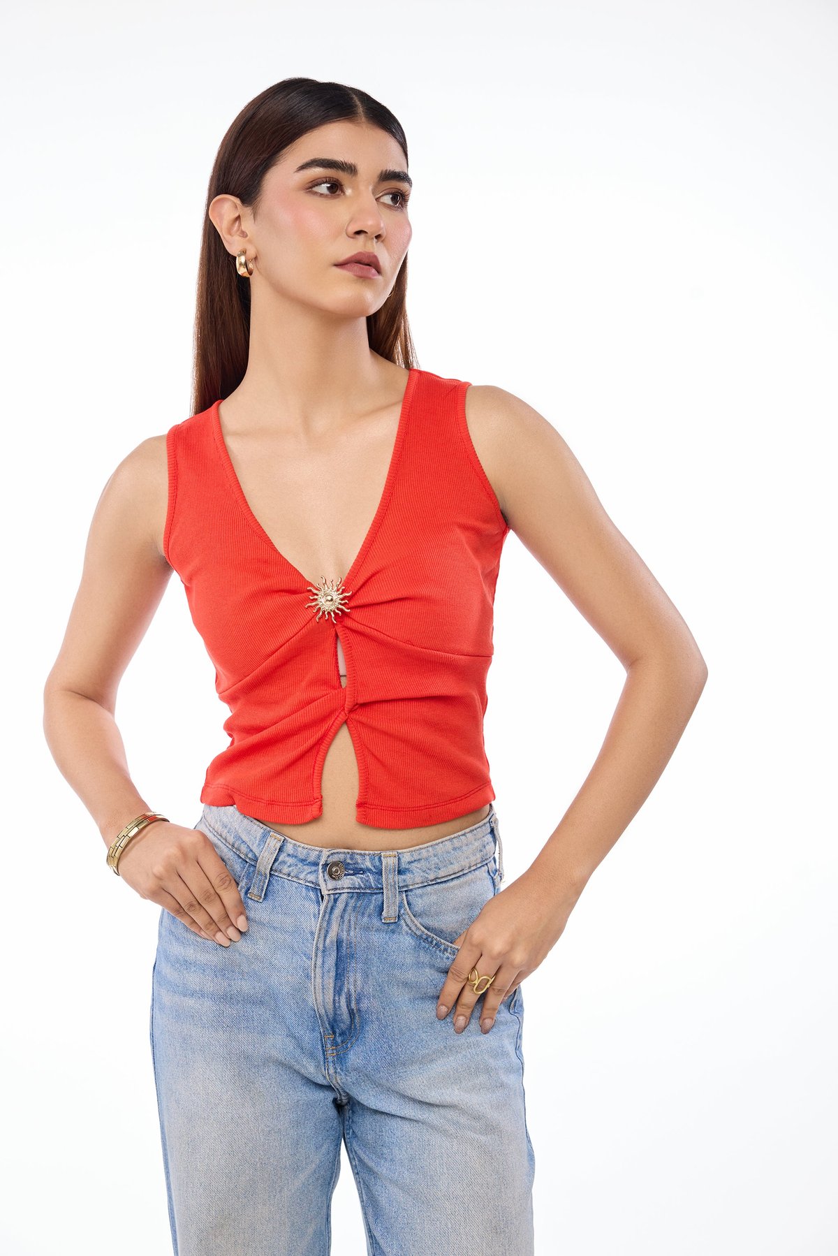 Red Ribbed V-Neck Twist Crop Top