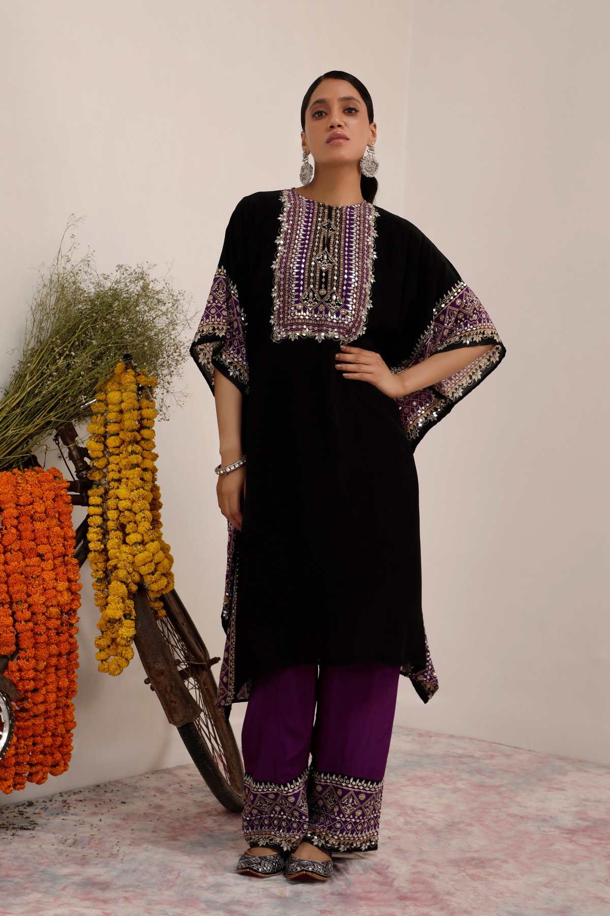 Black and Purple Crepe Kaftan Kurta Set