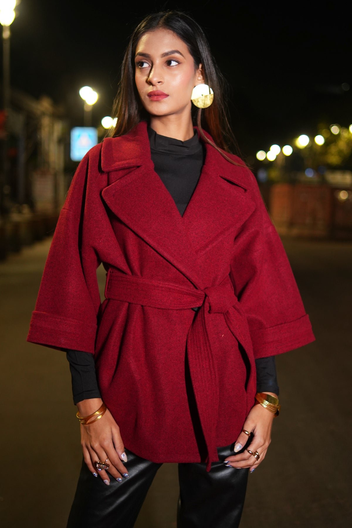 Maroon Wrap Coat with Belt and Broad Lapels