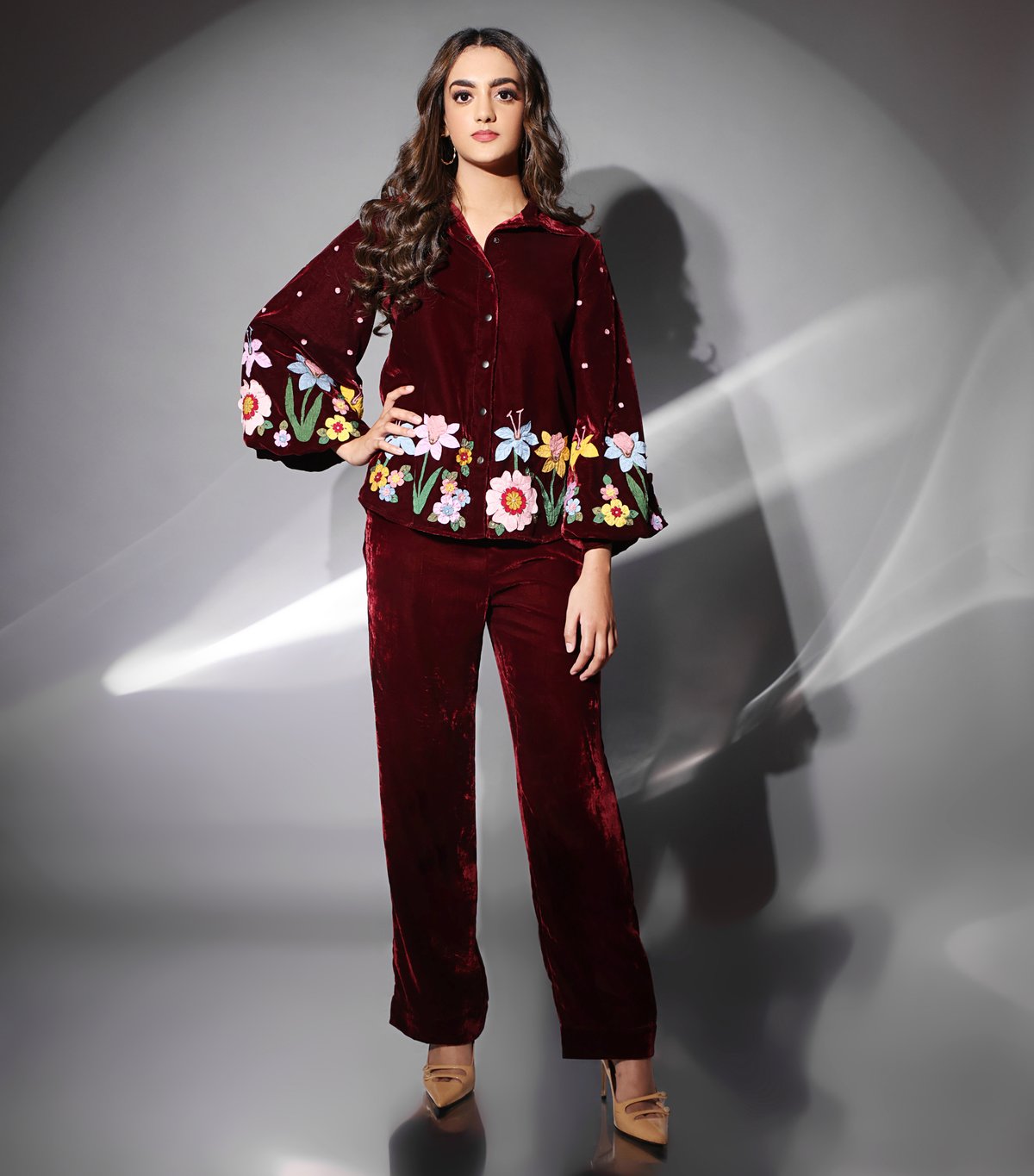Red Velvet Floral Applique Co-ord Set