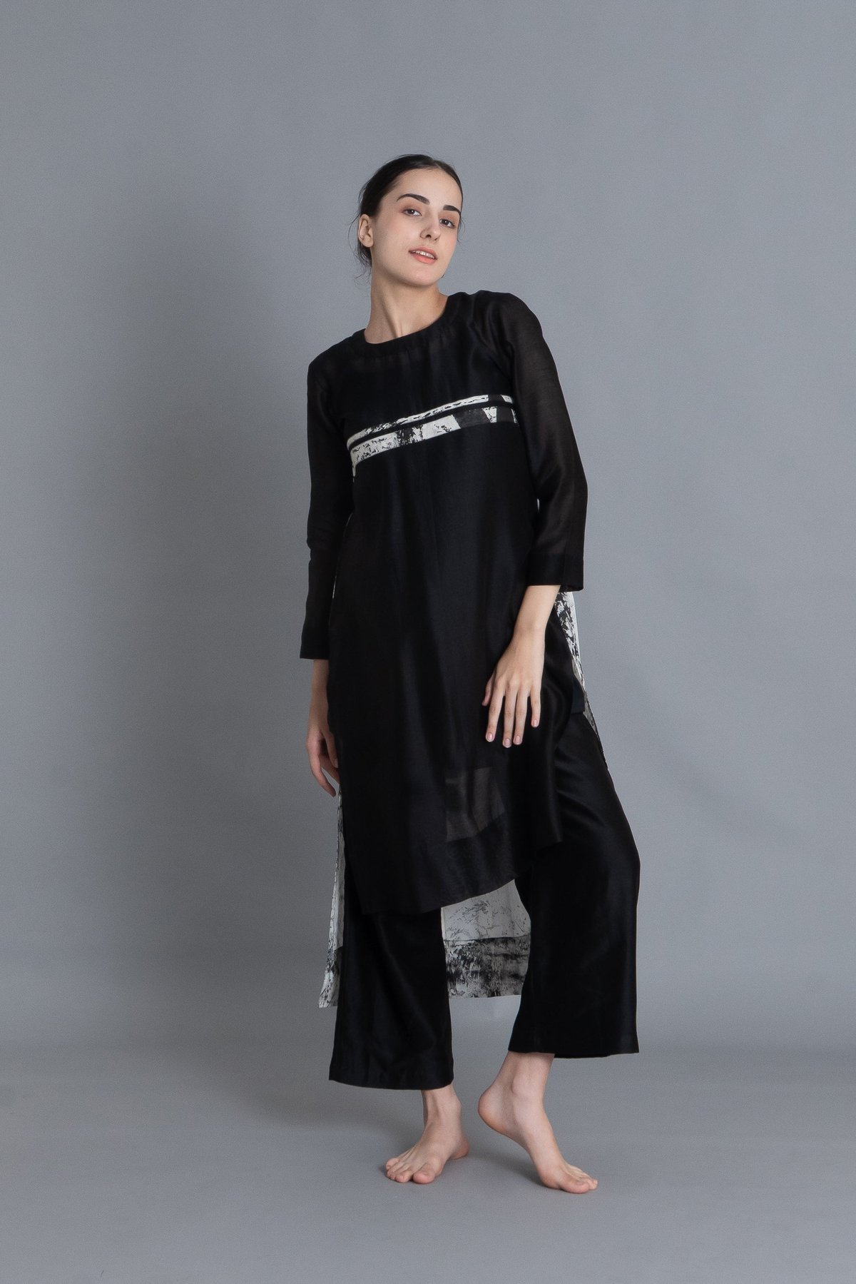 Black Chanderi Silk A-Line 3-Piece Kurta Set