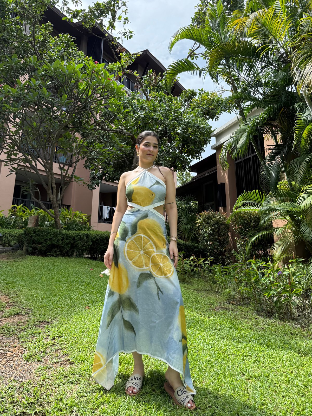Blue Lemon Print Halter Neck Cut-Out Midi Dress