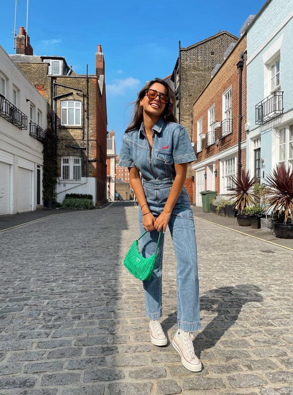 Blue Washed Denim Zip-Front Belted Jumpsuit