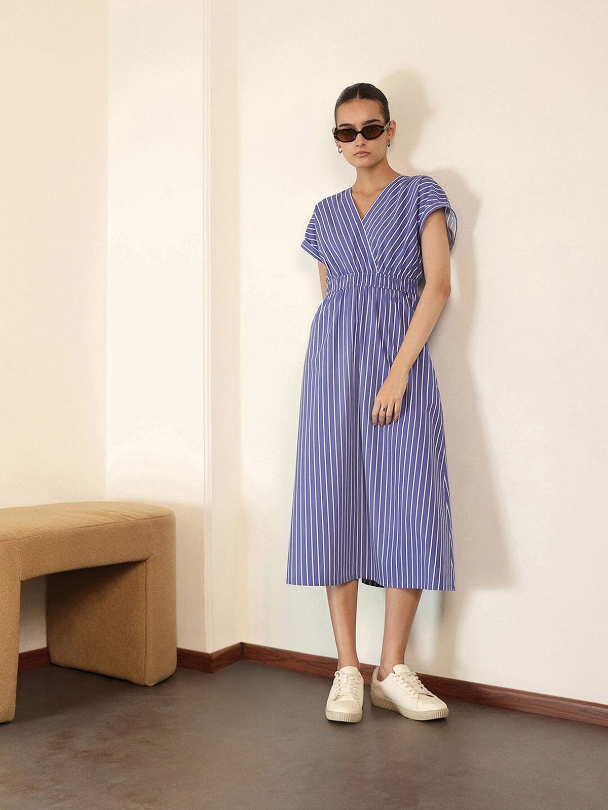 Blue Cotton Striped V-Neck Fit and Flare Midi Dress