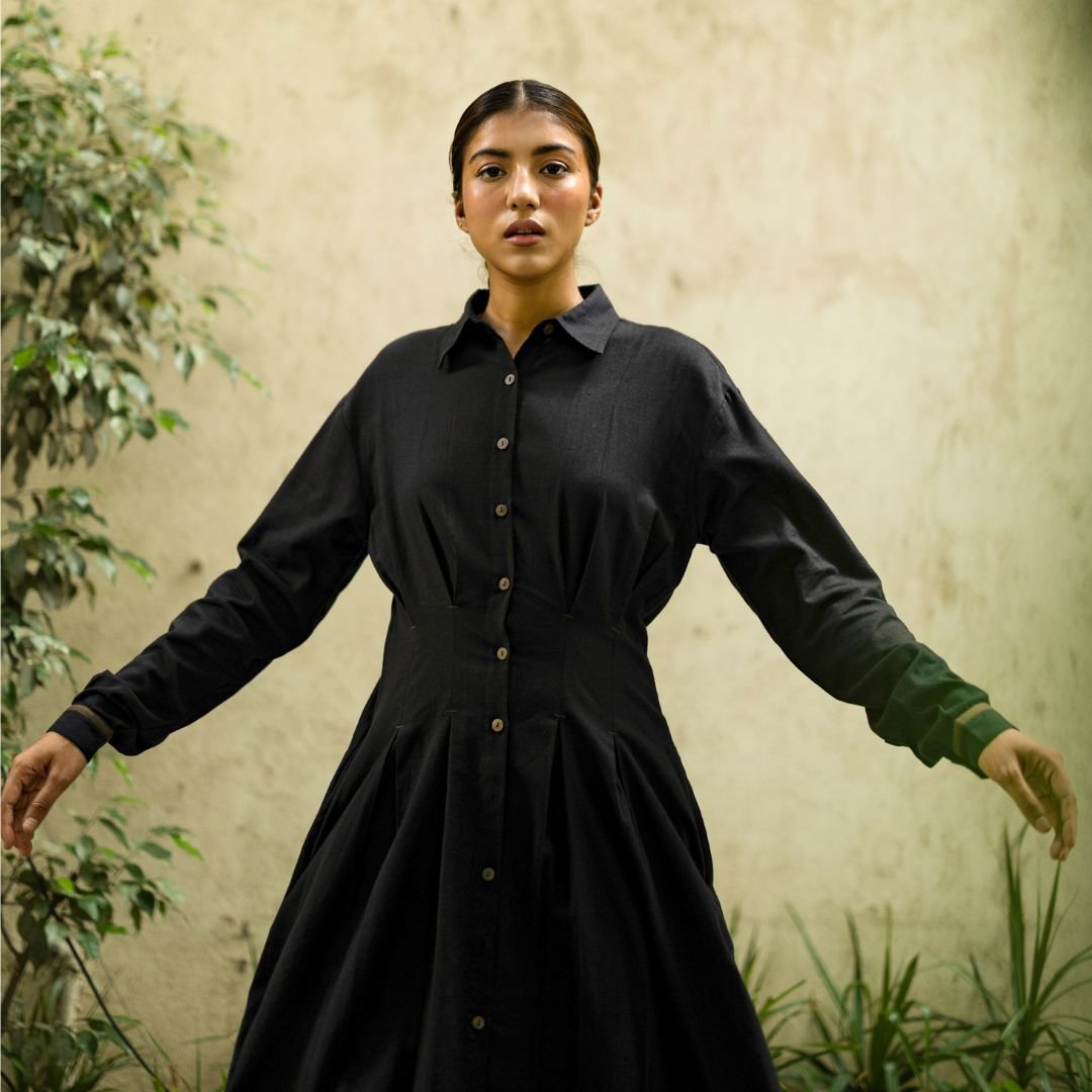 Black Button-Down Collared Midi Shirt Dress