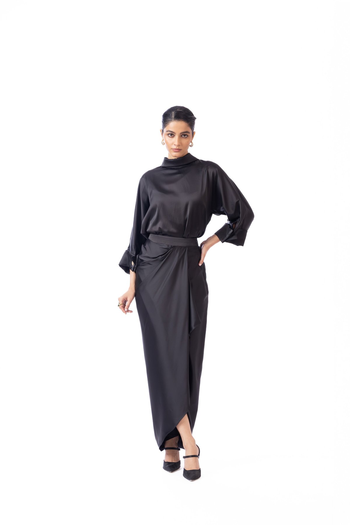 Black Satin Draped Maxi Skirt with Slit