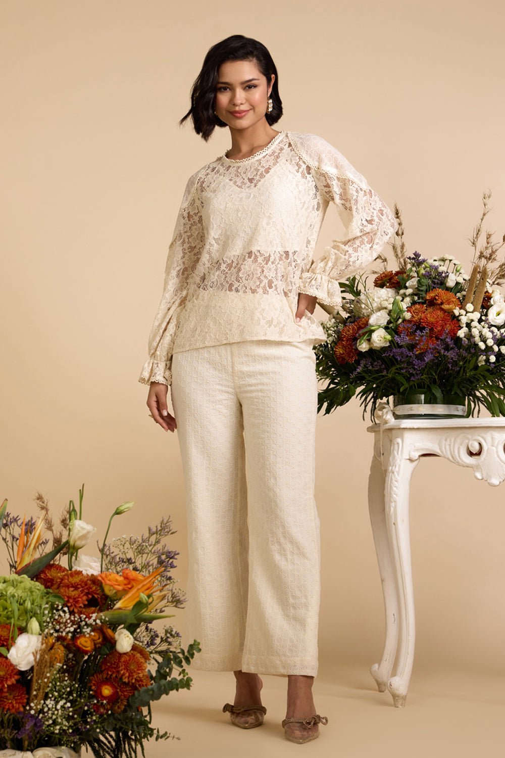 Ivory Lace Top and Flared Pants Co-Ord Set