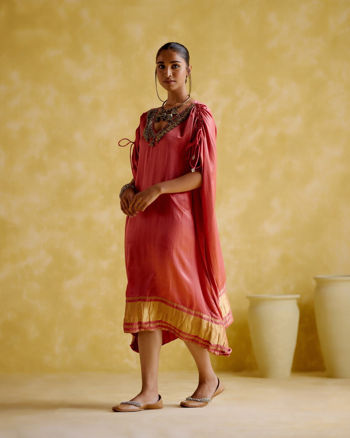 Pink Midi Kaftan with Embellished V-Neck