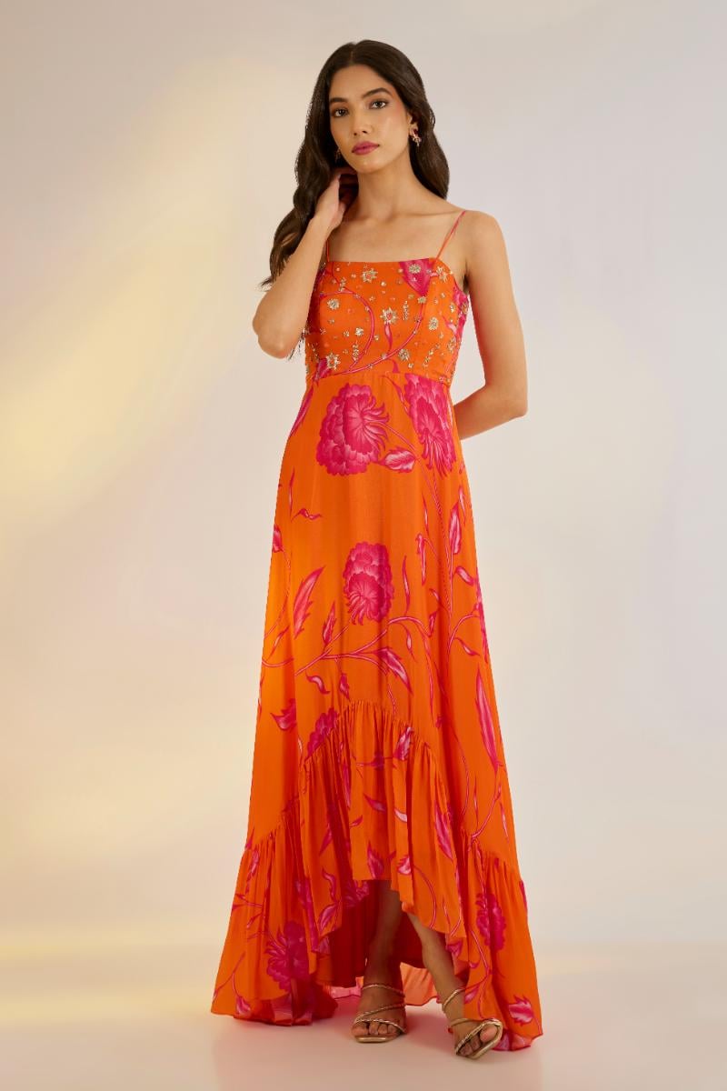 Orange Floral High-Low Ruffle Maxi Dress