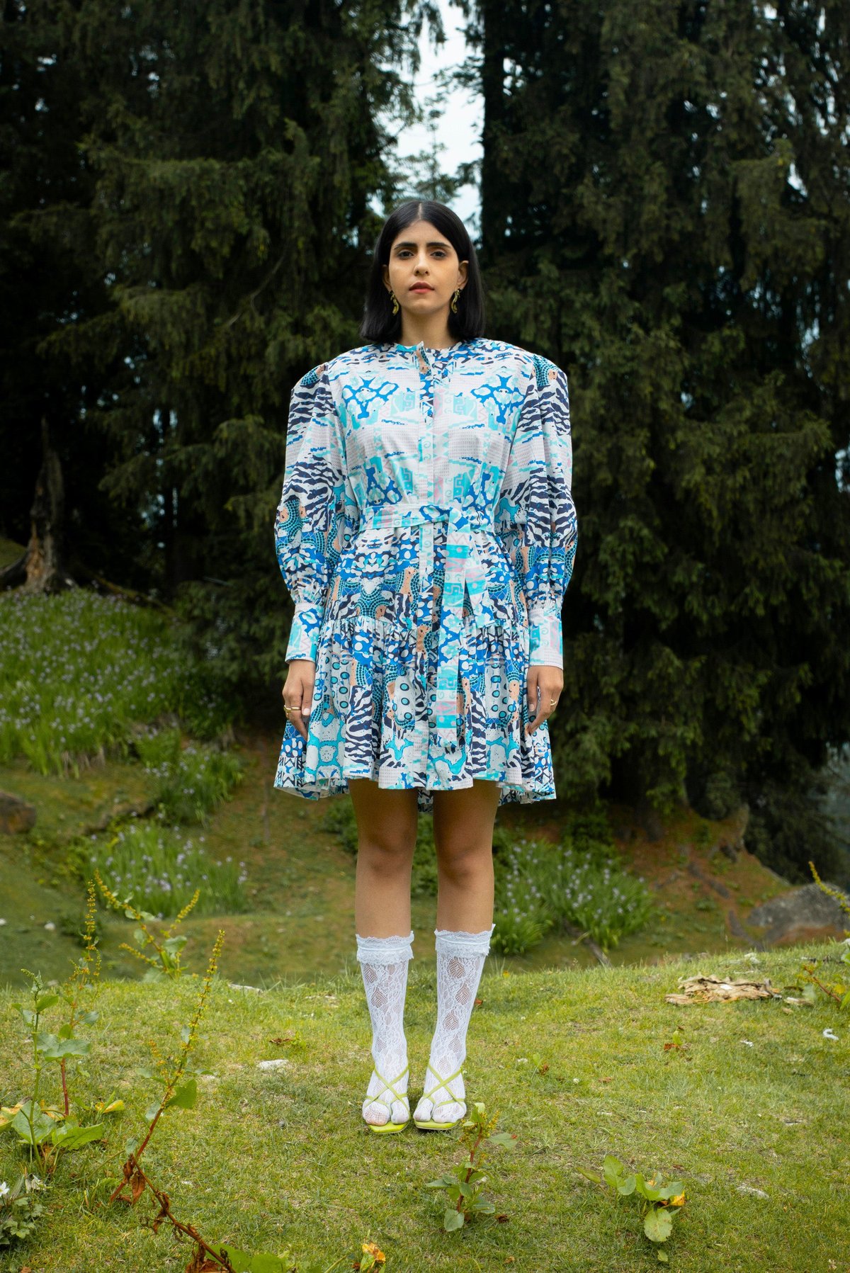 White Abstract Blue Printed Mini Shirt Dress with Tie Belt