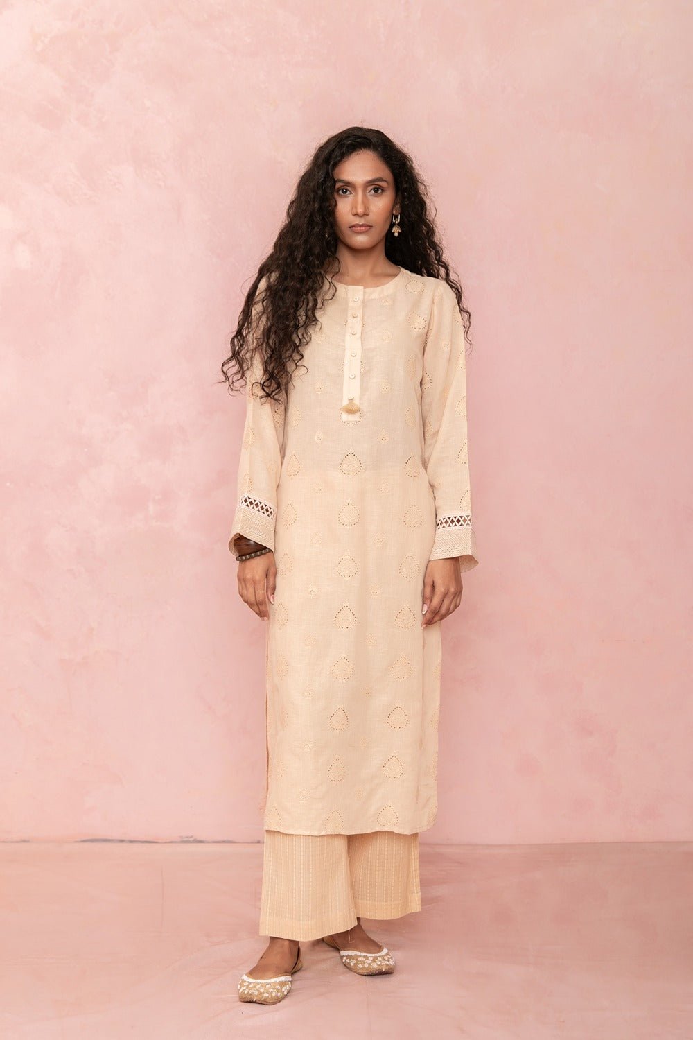 Beige Linen Asymmetric Kurta Set with Embroidered Buttis