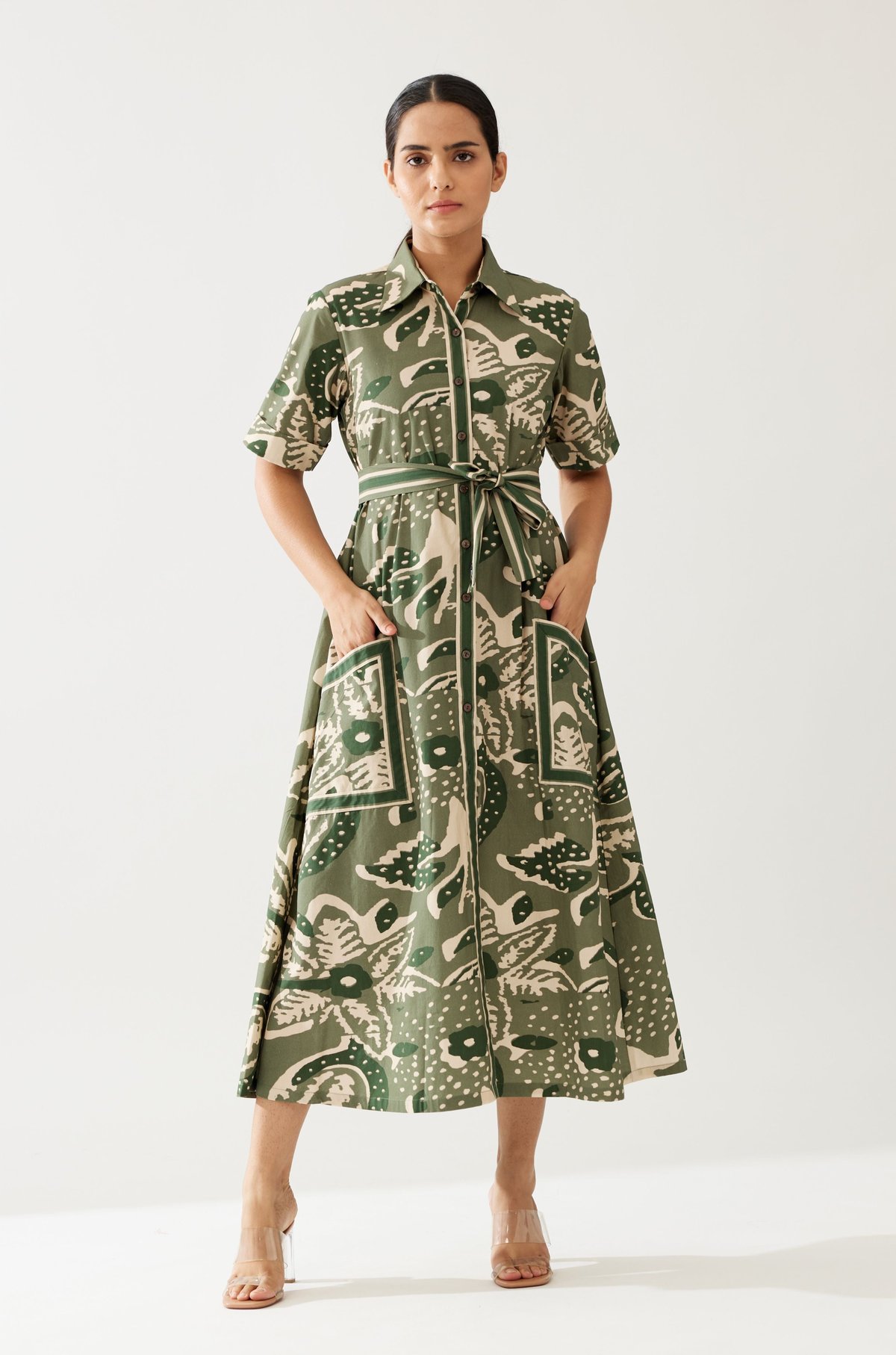 Green And Cream Floral Shirt Dress