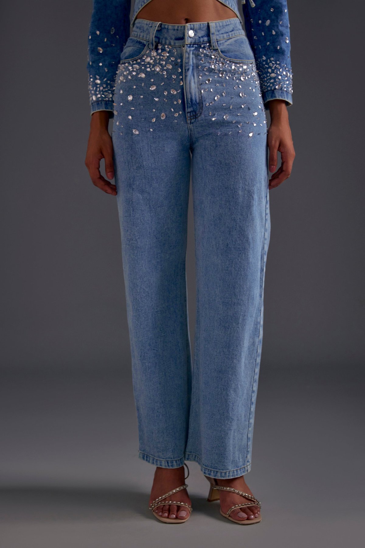 Blue High-Rise Embellished Wide-Leg Jeans