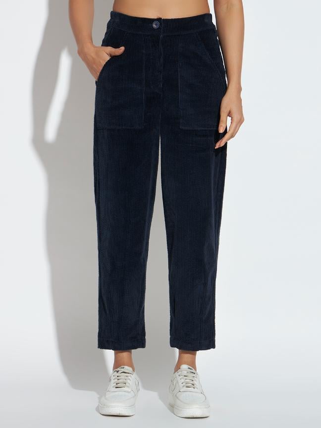 Navy Cotton Corduroy Tapered Trousers