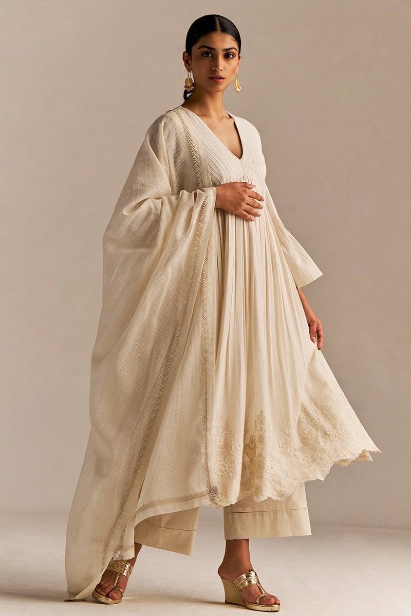 Off-White Mul-Mul Anarkali Kurta Set with Dupatta