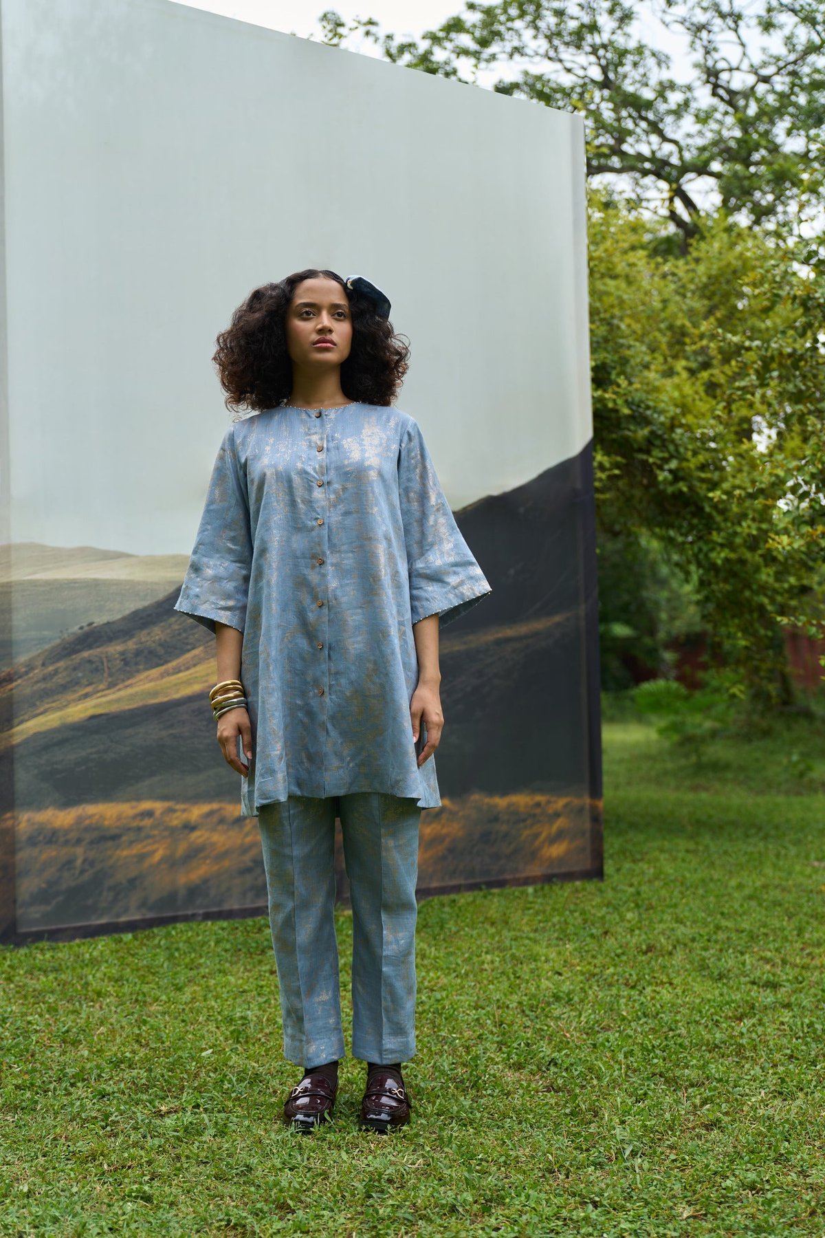 Blue Organic Hemp Printed Kurta and Pants Set