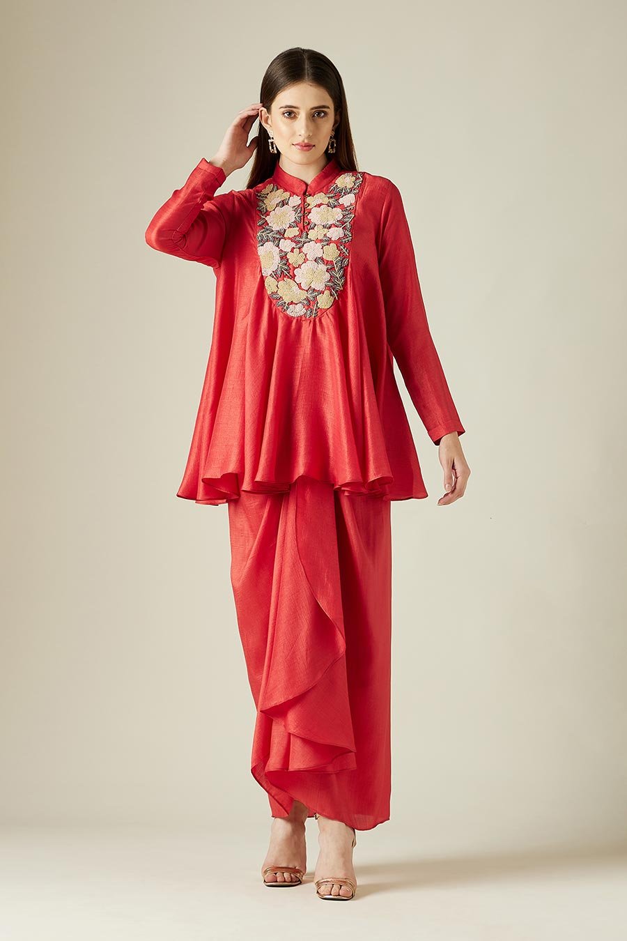 Scarlet Red Tunic and Drape Skirt Co-ord Set