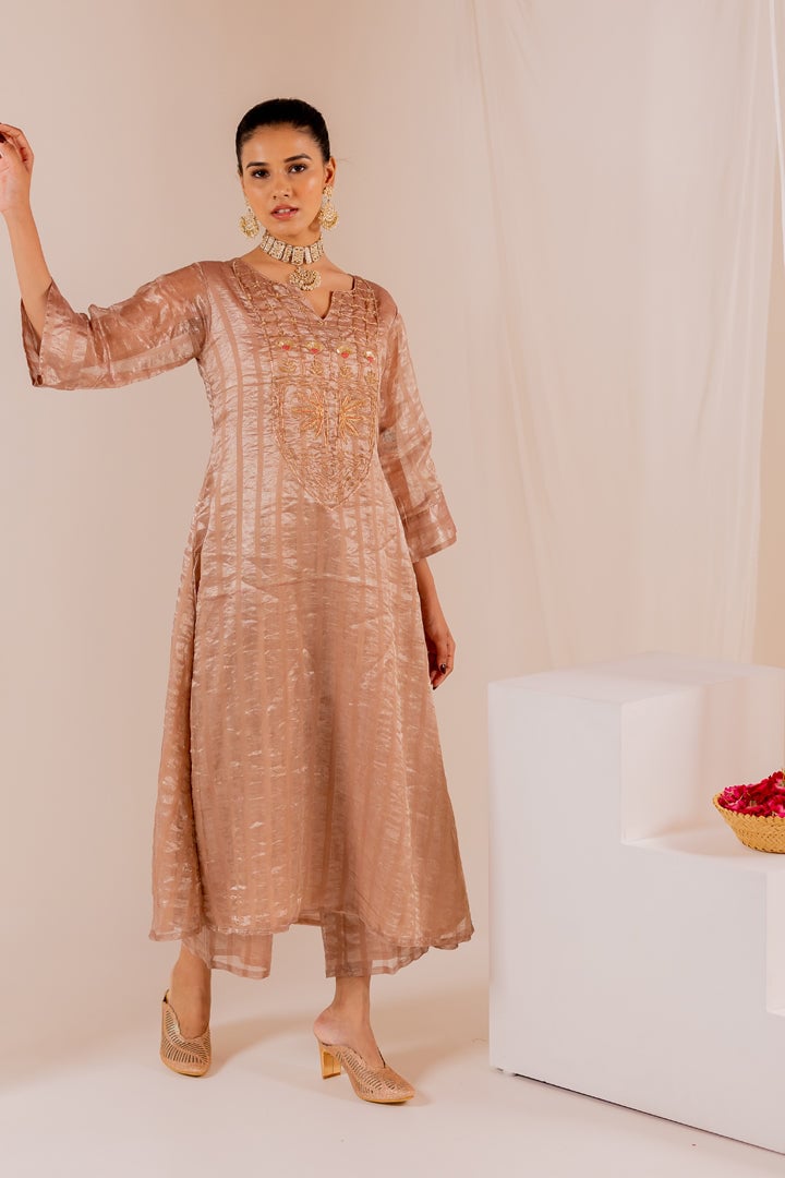 Beige Chanderi Silk Embroidered Kurta Set