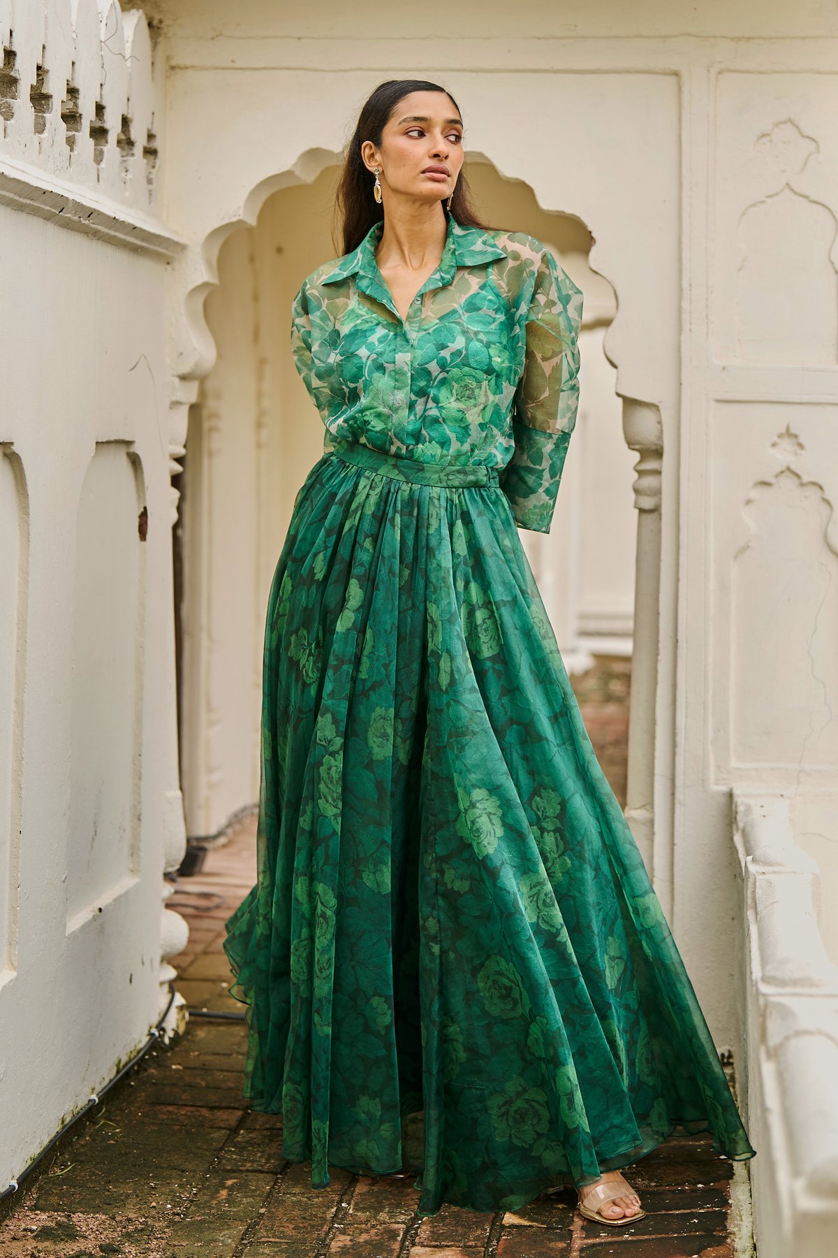 Tonal Green Printed Organza Shirt and Maxi Skirt Co-ord Set