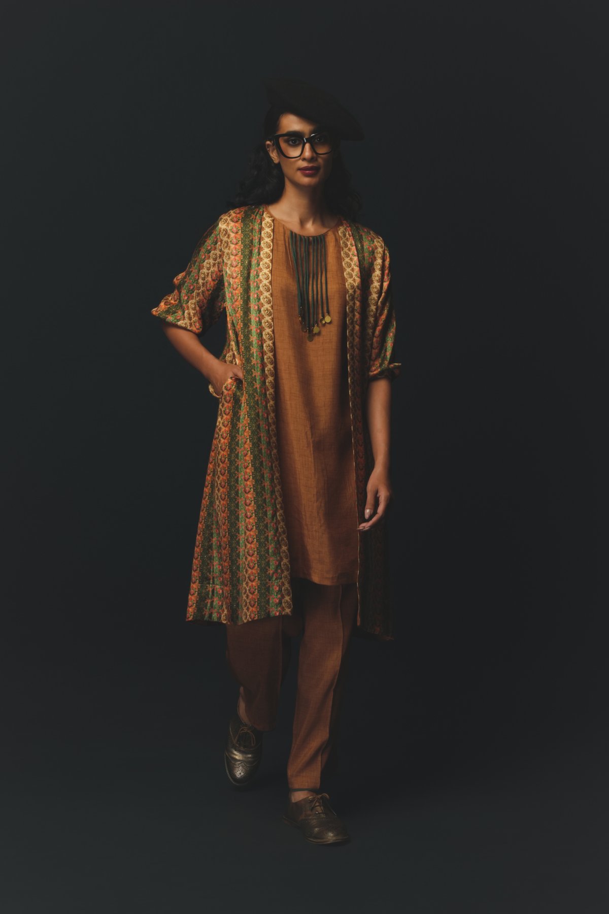 Beige Printed Longline Layer Co-ord Set with Tapered Pants