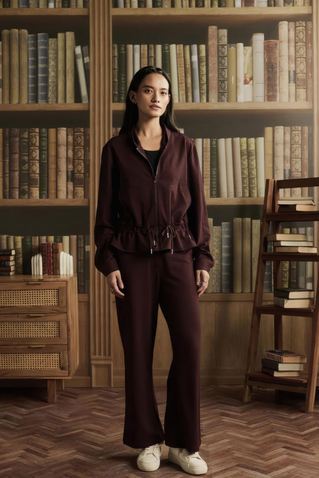 Wine Zip-Up Jacket and Wide-Leg Pants Co-ord Set