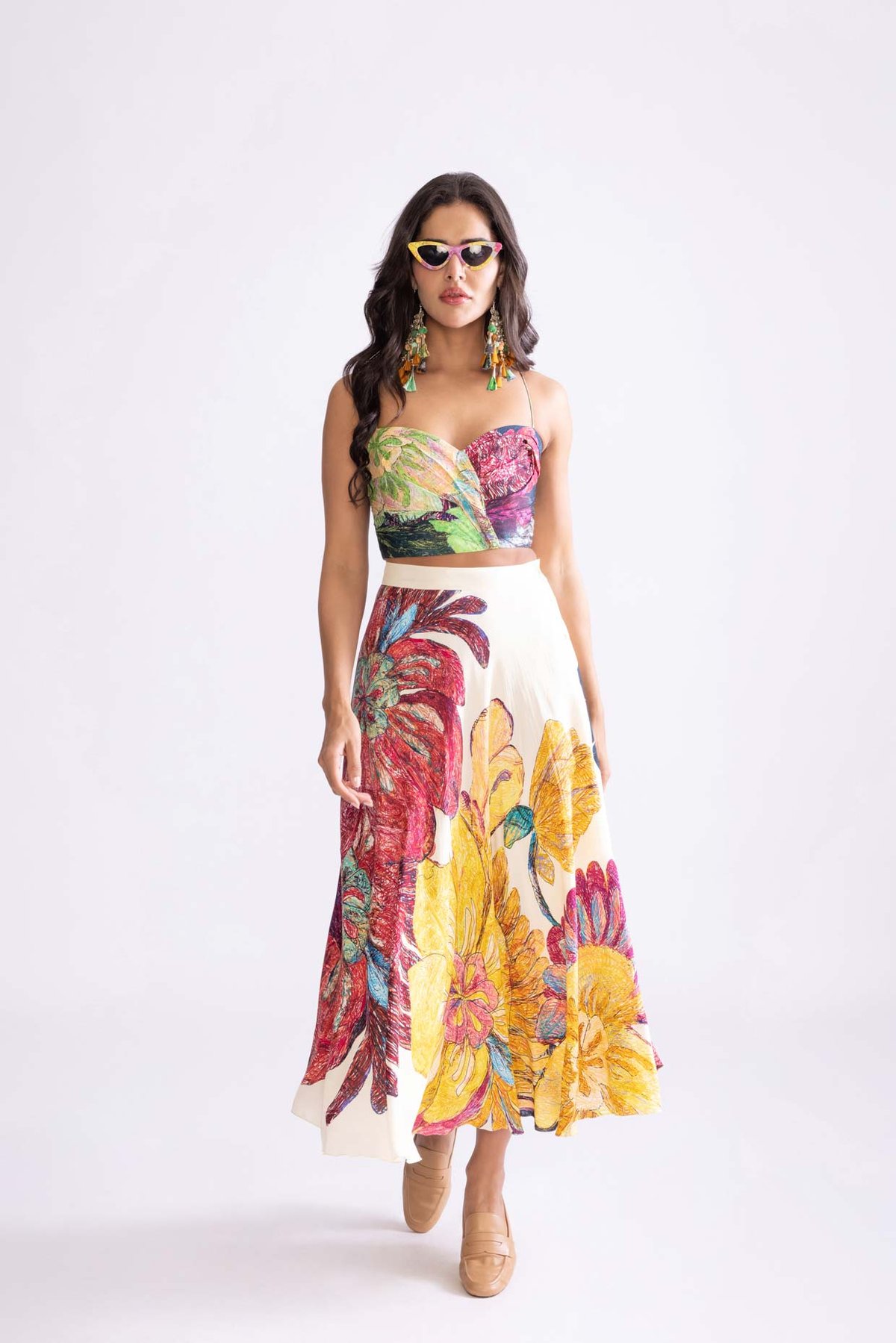 Ivory/Multi Floral High-Waist Maxi Skirt