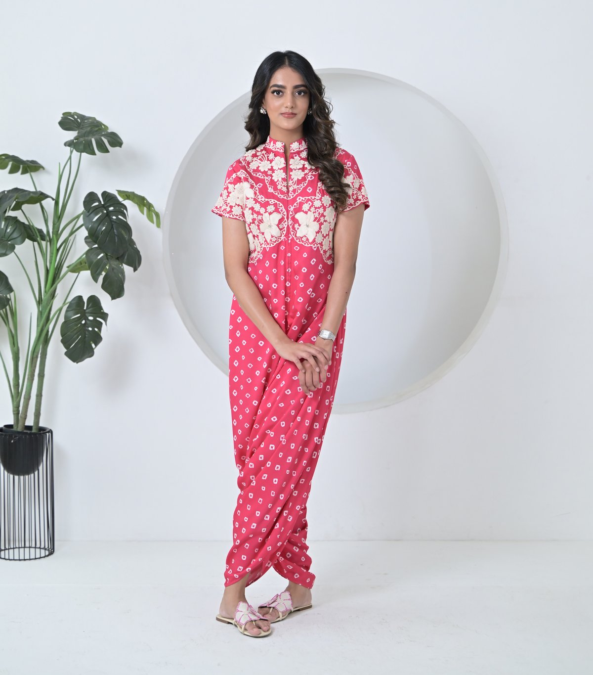 Pink Bandhani Print Embroidered Jumpsuit