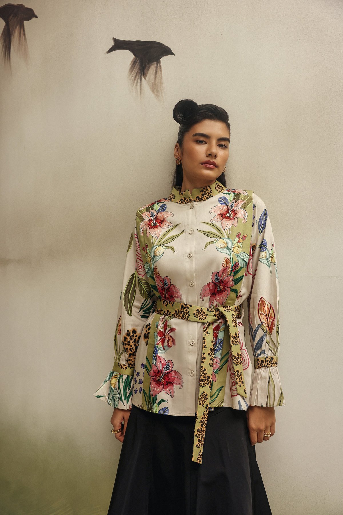 Cream Floral Cotton Satin Shirt with Belt