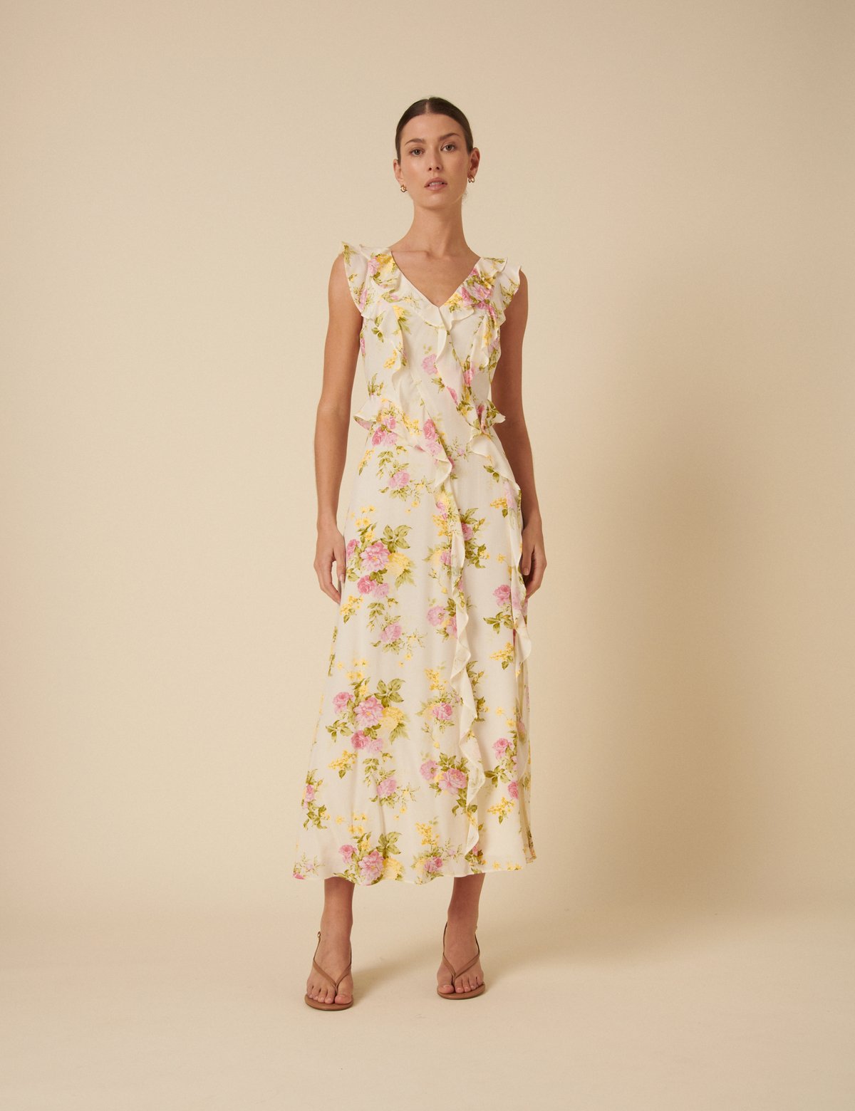 White Floral Ruffle Trim Slip Midi Dress