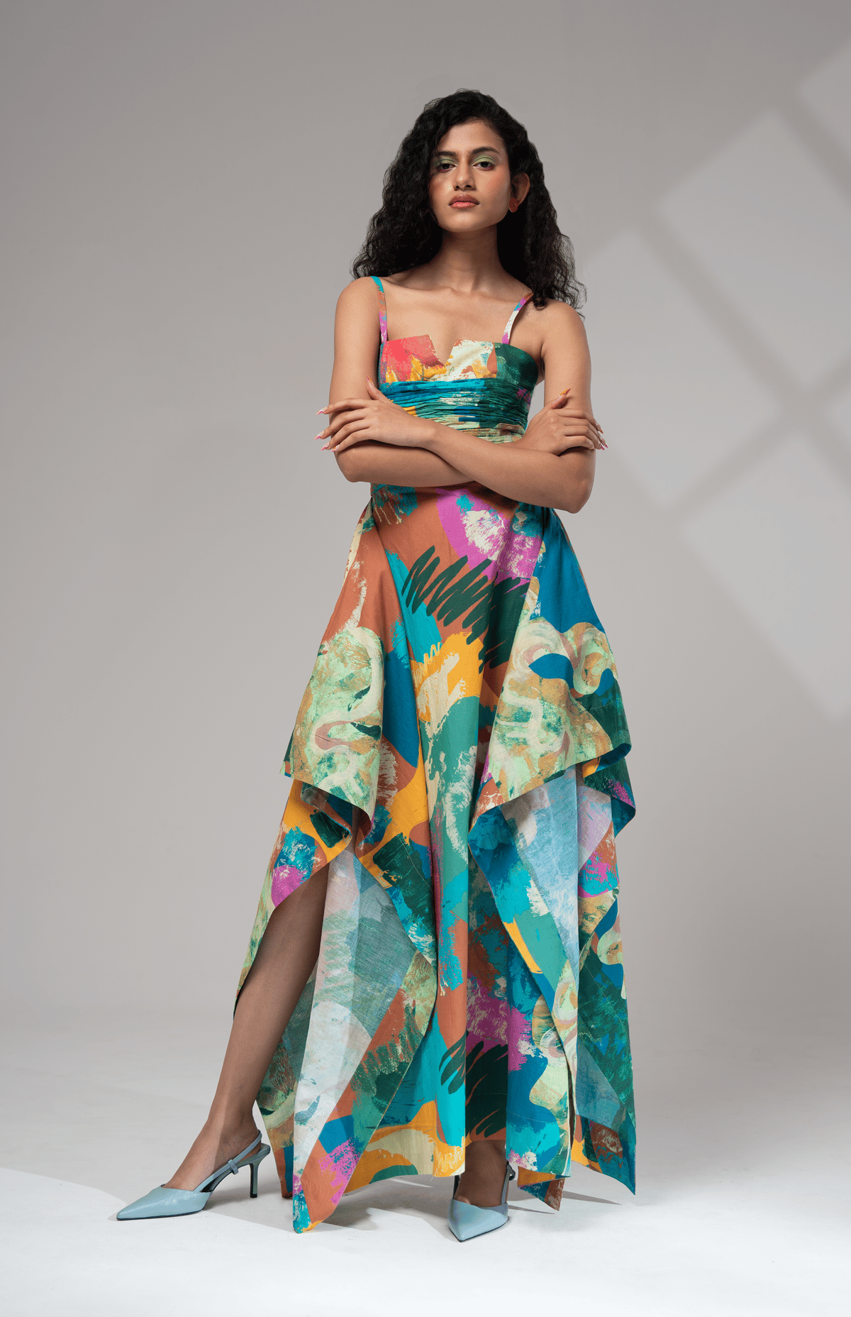 Multicolor Abstract Print Ruched Waist Maxi Dress
