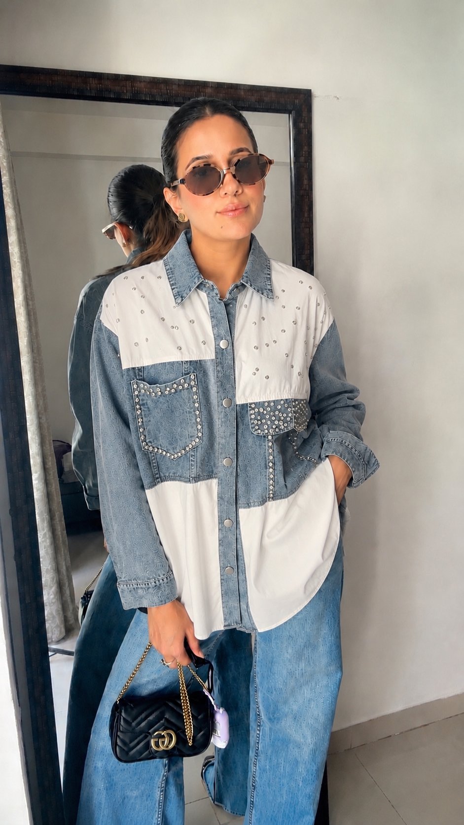 Studded Denim Contrast Statement Shirt