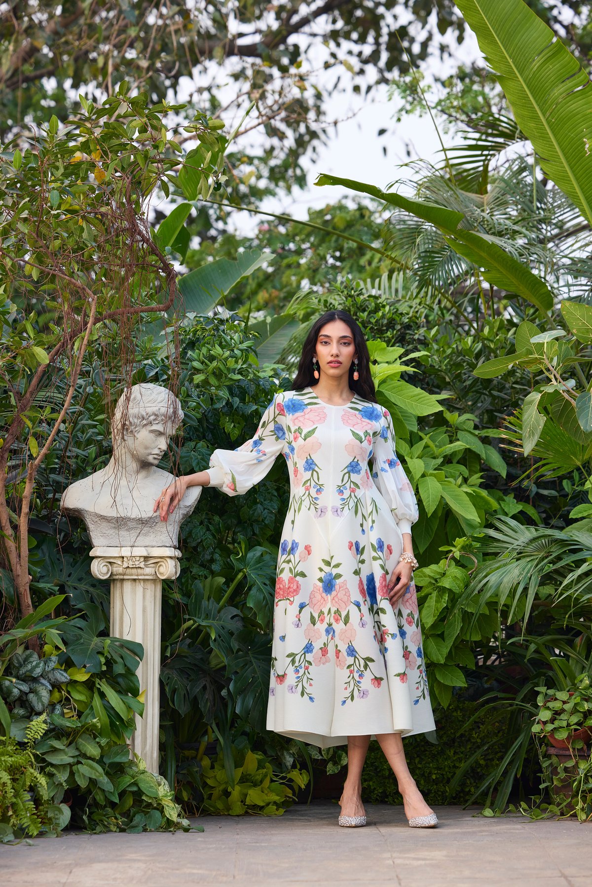 Off White Pleated Floral A-Line Midi Dress