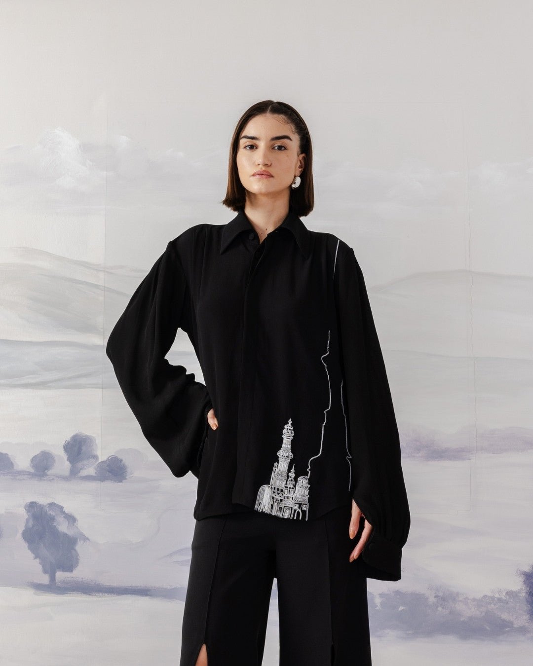 Black Crepe Relaxed-Fit Shirt with Line Embroidery