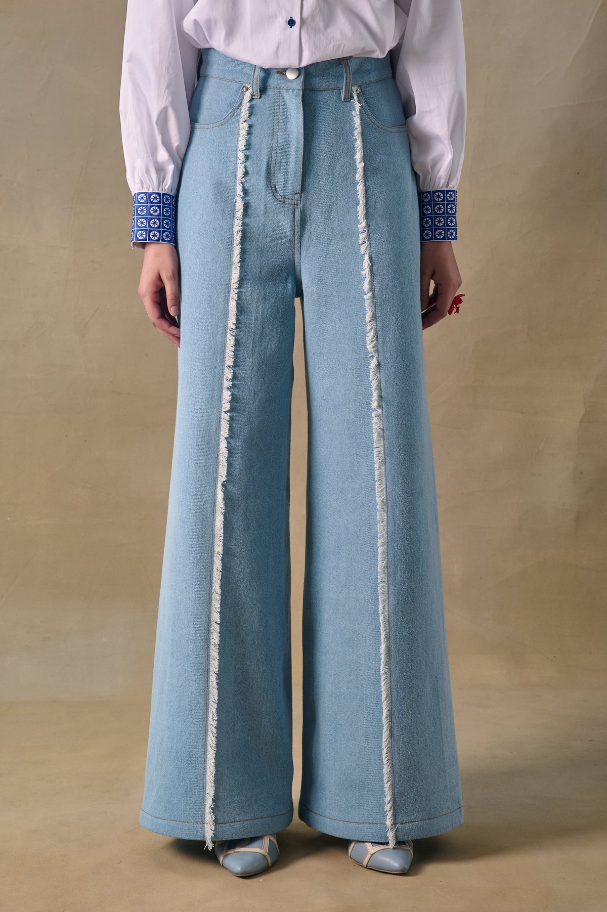 Light Wash Denim Wide-Leg Trousers with Frayed Front Detail