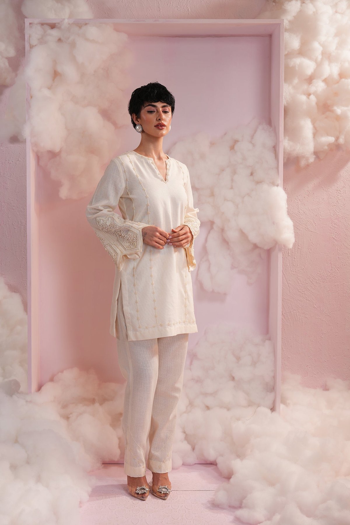 Cream Pearl-Embroidered Kurta and Pant Co-ord Set